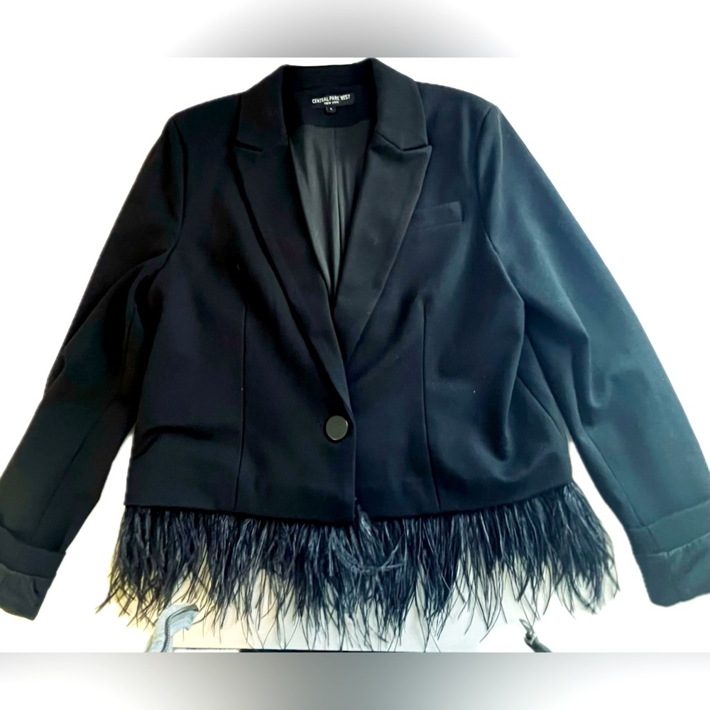 Black cropped one button lapel collar with fringe on hem jacket
